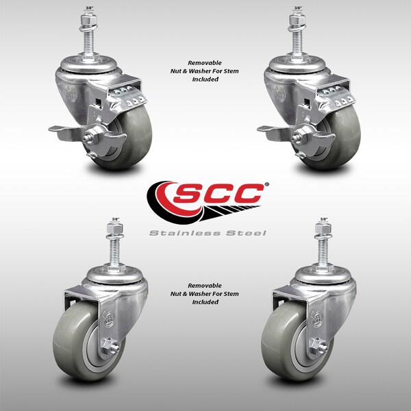 Service Caster 3 Inch SS Gray Polyurethane Swivel 3/8 Inch Threaded Stem Caster Brake SCC, 2PK SCC-SSTS20S314-PPUB-TLB-381615-2-S-2 - main